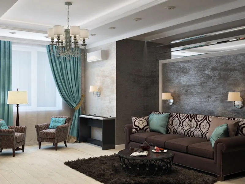 Modern curtain with brass eyelets in contemporary living room